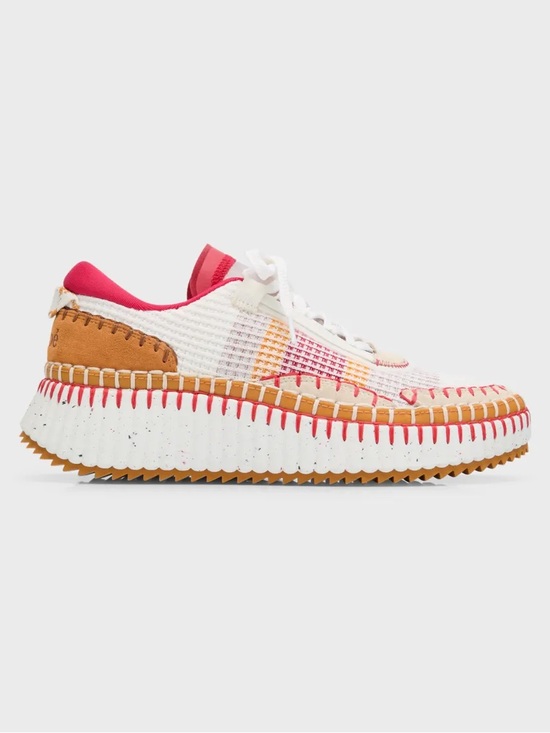 Chloe Shoes - Chloe Woven Platform Sneaker in White and Tan with Pink Accents